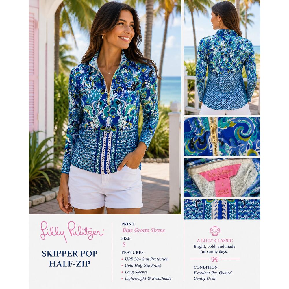 Lilly Pulitzer Skipper Popover Half-Zip Pullover Coat Blue Grotto Sirens Size S - Picture 2 of 3